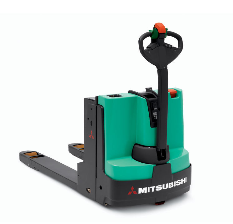 Teal Mitsubishi pallet jack with black components, control panel, and visible forks, against a white background.