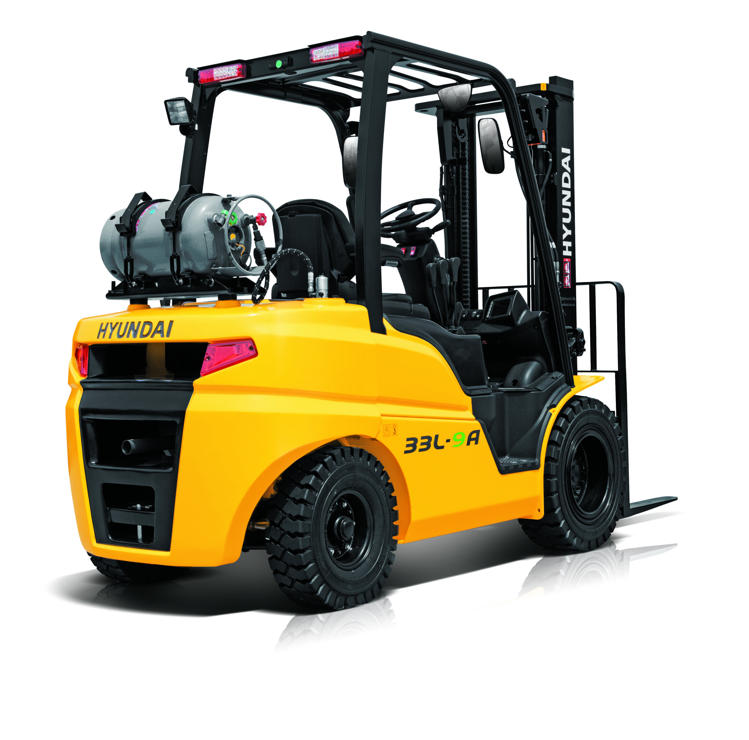 Bright yellow Hyundai forklift with black accents, large tires, and a visible gas tank.