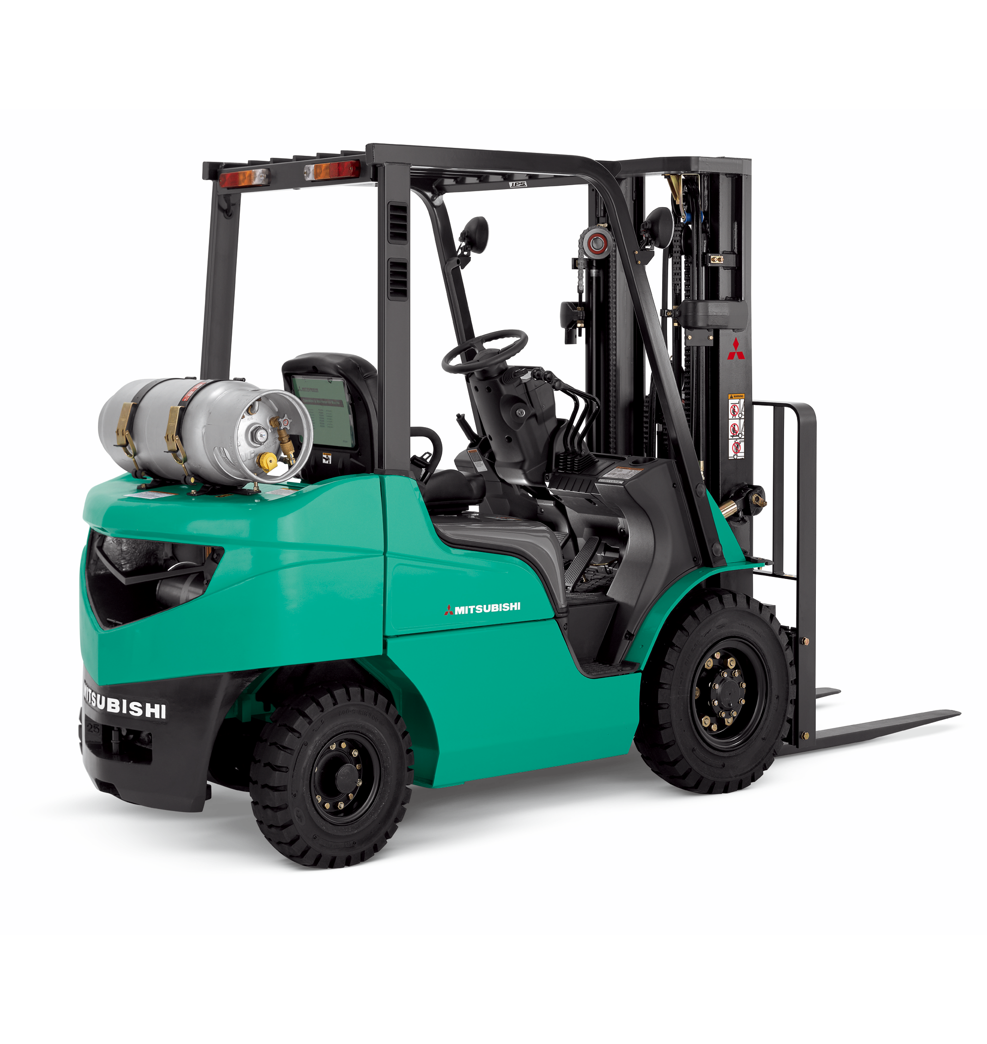 Full shot of a teal Mitsubishi forklift in a three-quarter view, angled slightly to the right.